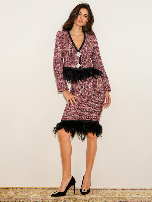 Crystal Button Jacket & Feather Skirt Set