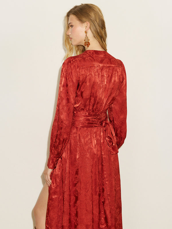 Satin Jacquard Slit Wrap Dress