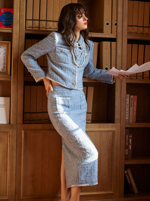 Dual Pocket Tweed Jacket & Skirt Sets
