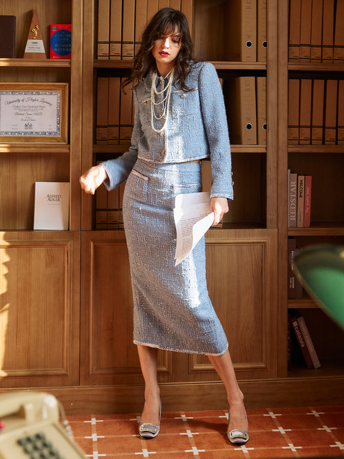 Dual Pocket Tweed Jacket & Skirt Sets
