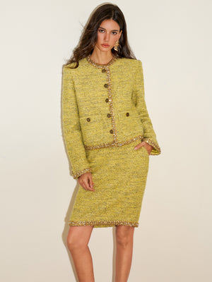 Crystal-Trim Single Breated Tweed Jacket & Skirt Sets