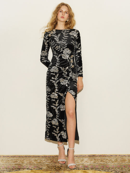 Sequin Embroidered Velvet Gown