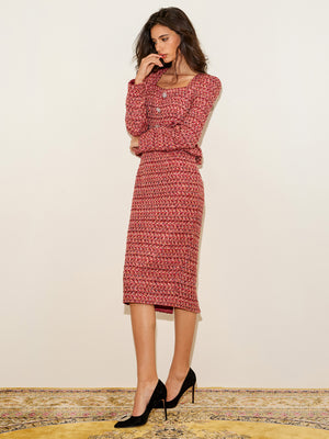 Square Neck Peplum hem Tweed Dress