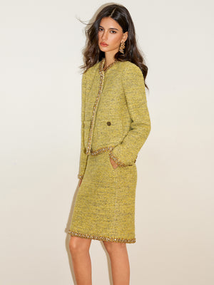 Crystal-Trim Single Breated Tweed Jacket & Skirt Sets