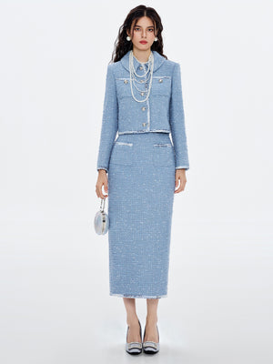 Dual Pocket Tweed Jacket & Skirt Sets