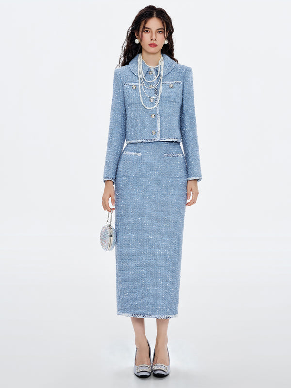 Dual Pocket Tweed Jacket & Skirt Sets