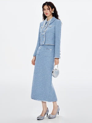 Dual Pocket Tweed Jacket & Skirt Sets
