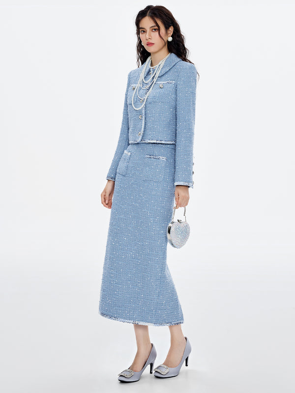 Dual Pocket Tweed Jacket & Skirt Sets