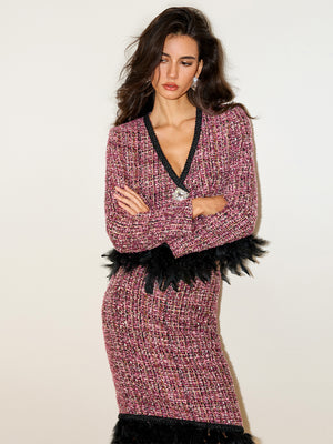 Crystal Button Jacket & Feather Skirt Set
