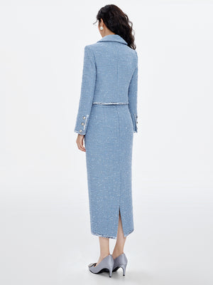 Dual Pocket Tweed Jacket & Skirt Sets