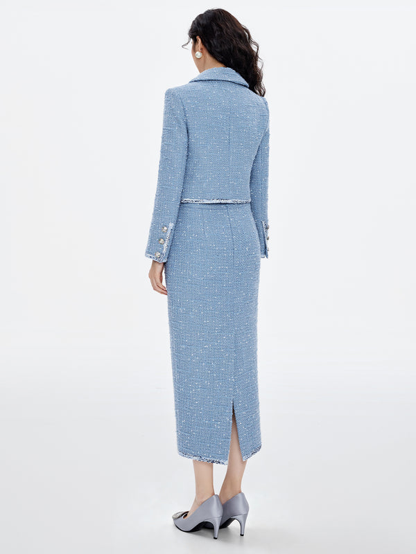 Dual Pocket Tweed Jacket & Skirt Sets