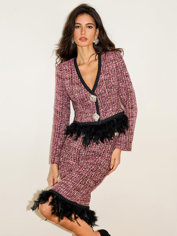 Crystal Button Jacket & Feather Skirt Set