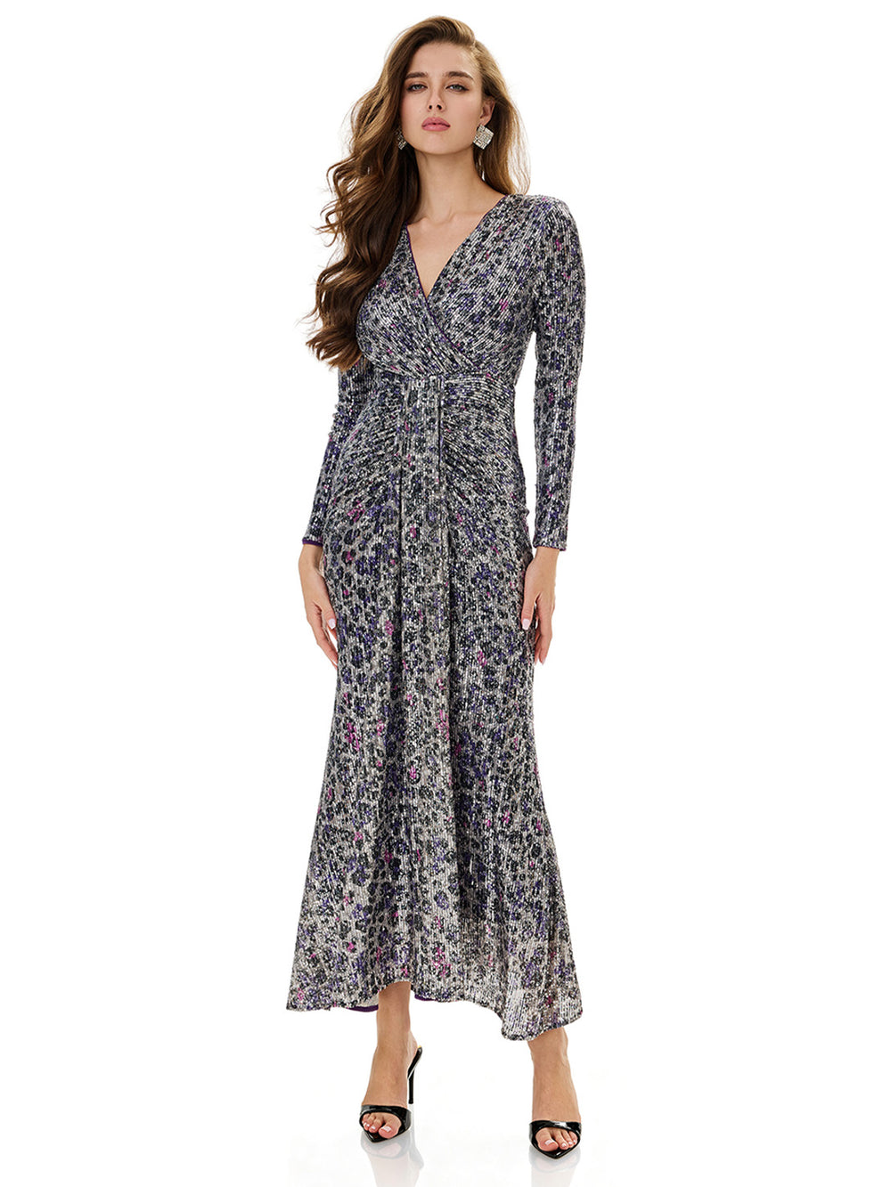 Leopard Print Sequin Wrap Party Dress