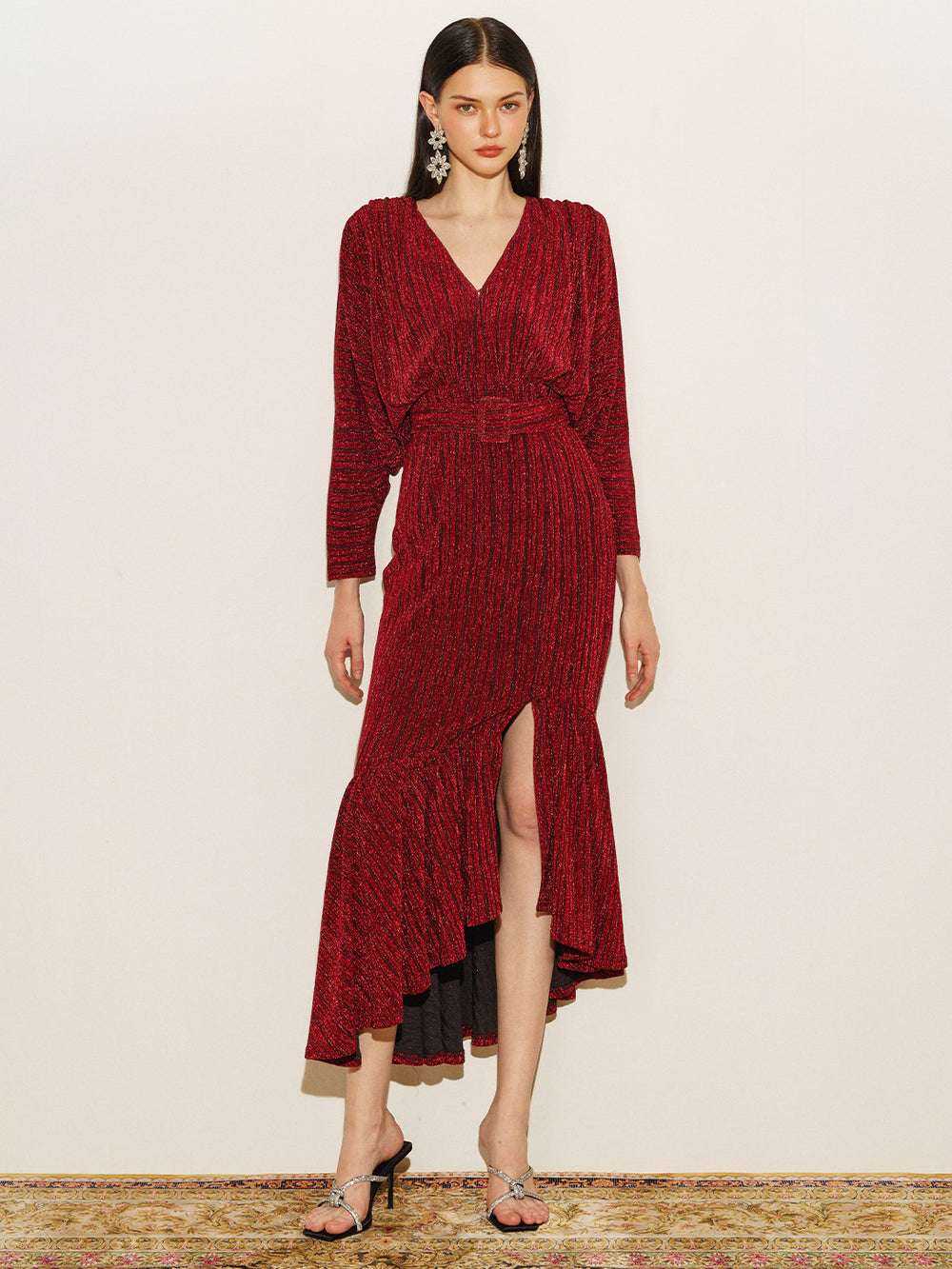 Glitter Batwing Sleeve Ruffles Hem Gown