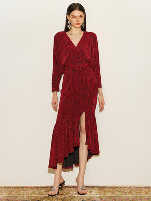 Glitter Batwing Sleeve Ruffles Hem Gown