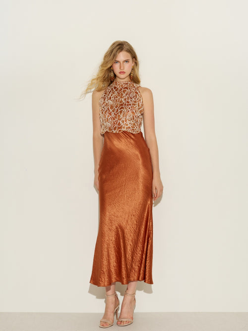 Floral Lace Bodice Satin Bodycon Dress