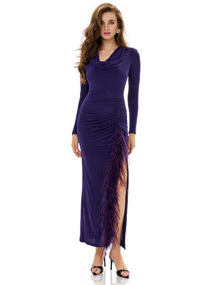 Cowl Neck Drawstring Ruched Gown