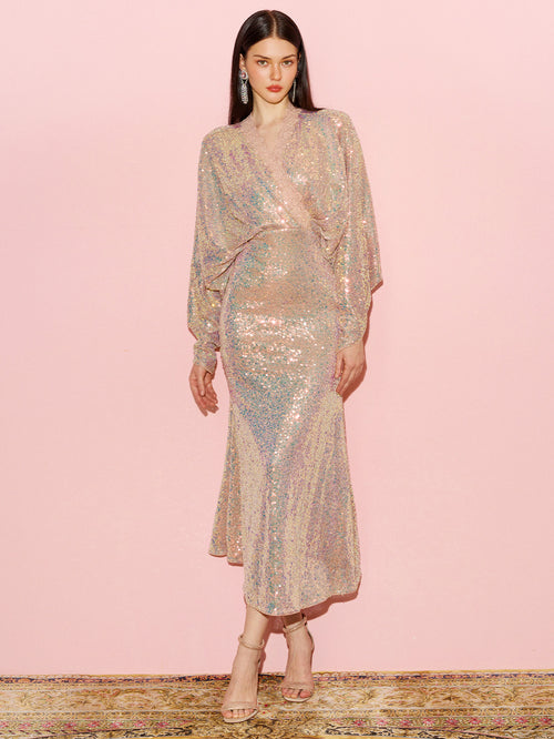 Batwing Sleeves Sequin Mermaid Evening Gown