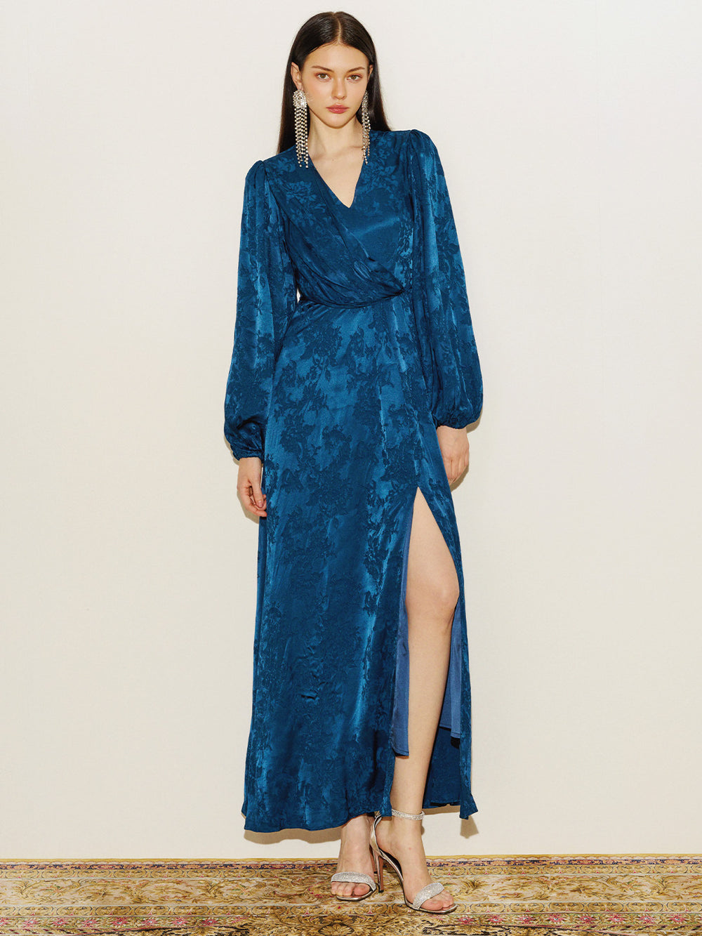 Jacquard Long Sleeve Slit Gown