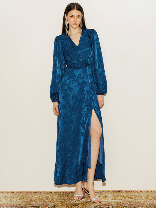 Jacquard Long Sleeve Slit Gown