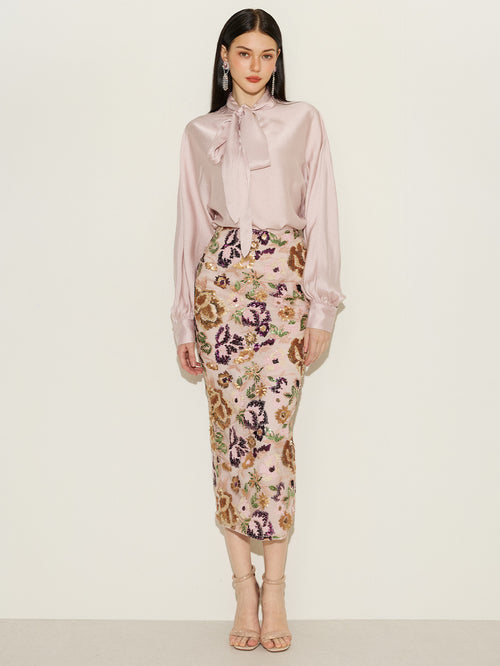 Knot Neck Top & Bead Embroidered Skirt Sets
