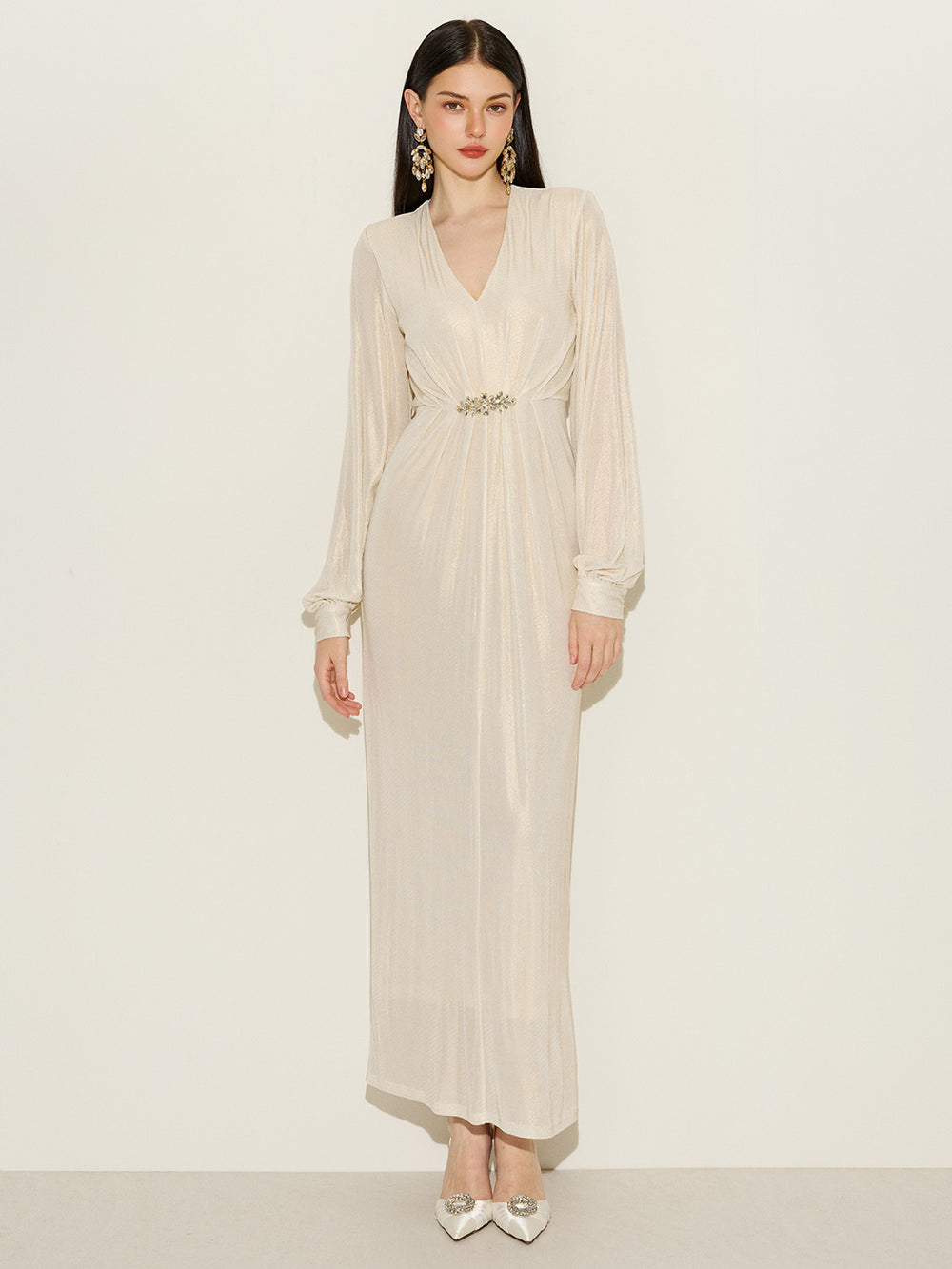Glitter Ruched Detail Gown With Brooch