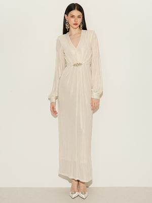 Glitter Ruched Detail Gown With Brooch