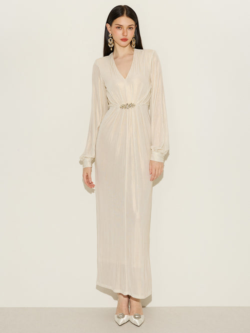 Glitter Ruched Detail Gown With Brooch