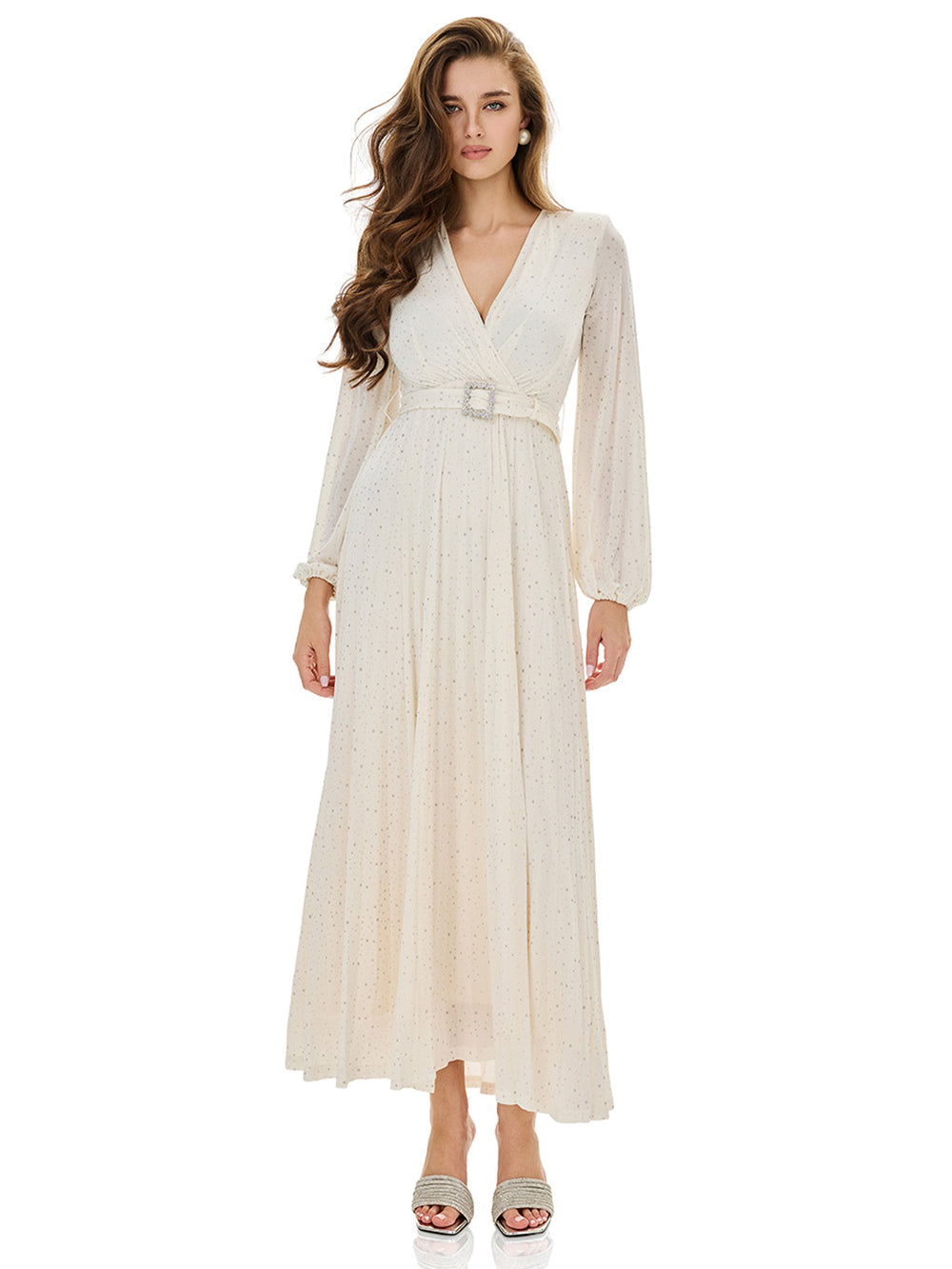 Glitter Pleated Belt Maxi Dress