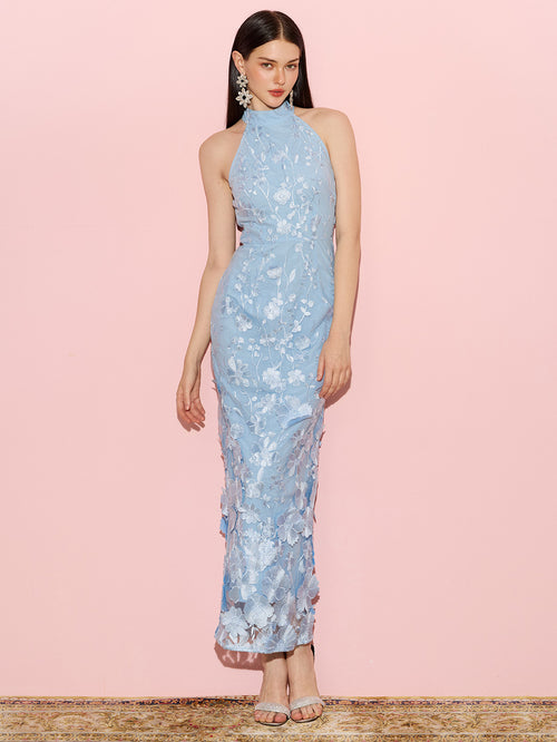 Floral Embroidered Halter Maxi Dress