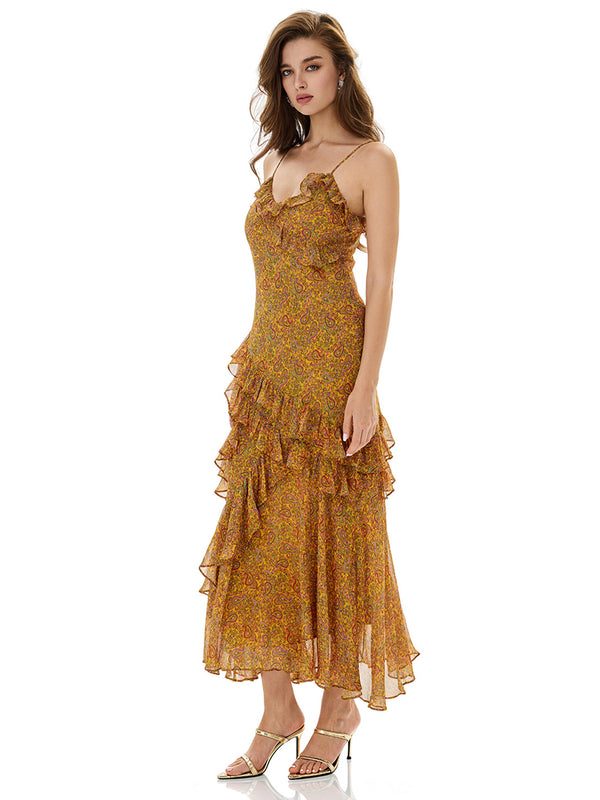 Paisley Print Thin Strap Ruffles Dress