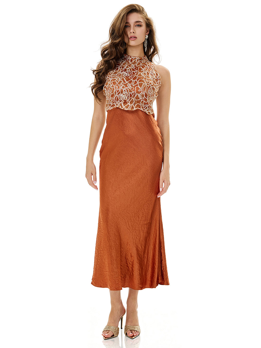 Floral Lace Bodice Satin Bodycon Dress