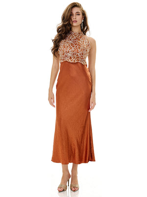 Floral Lace Bodice Satin Bodycon Dress