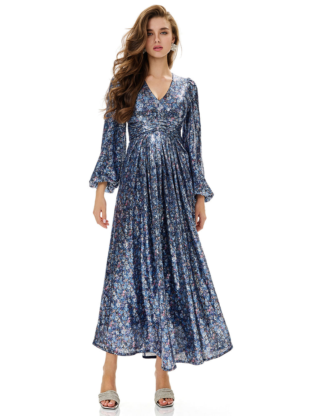 Floral Sequin Pleated Evening Dress