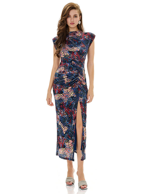 Abstract Printed Ruched Bodycon Dress
