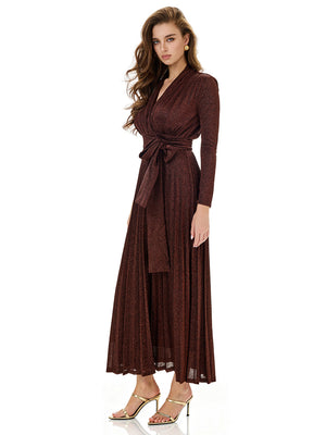 Metallic Knit Wrap Pleated Maxi Dress