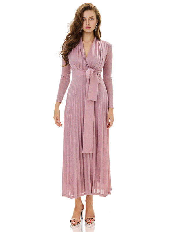 Metallic Knit Wrap Pleated Maxi Dress