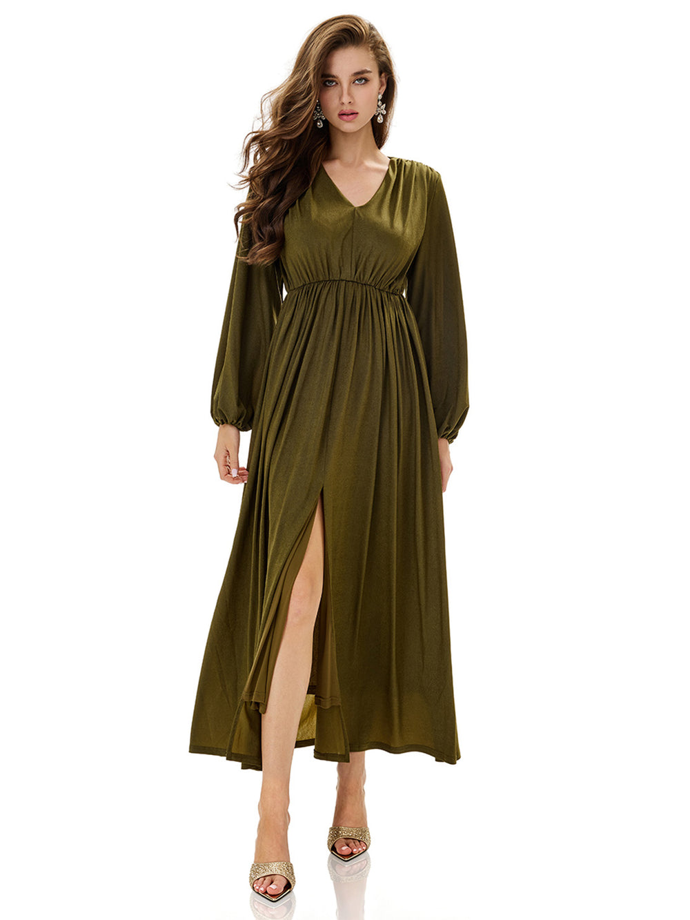 Ruched Lantern Sleeve Slit Party Dress