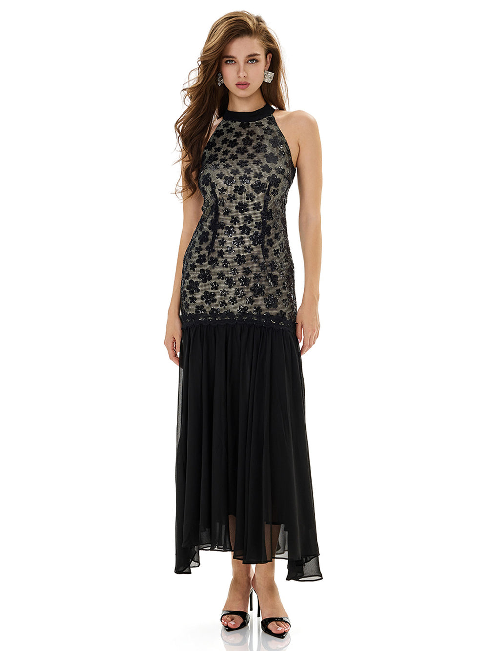 Sequin Embellished Chiffon Maxi Dress