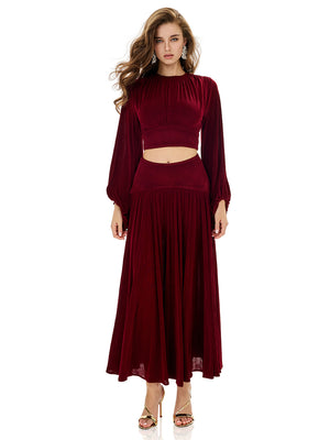 Balloon Sleeve Ruched Crop Top & Pleated Skirt Sets
