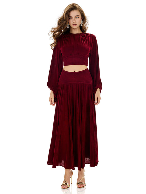 Balloon Sleeve Ruched Crop Top & Pleated Skirt Sets