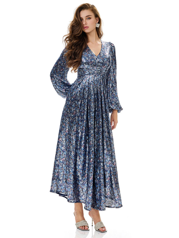 Floral Sequin Pleated Evening Dress