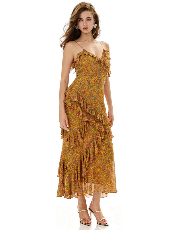 Paisley Print Thin Strap Ruffles Dress