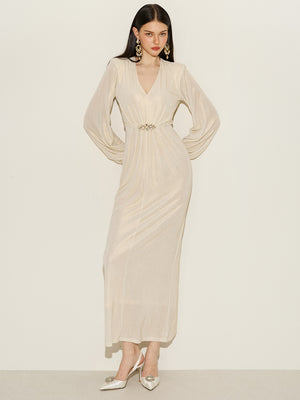 Glitter Ruched Detail Gown With Brooch