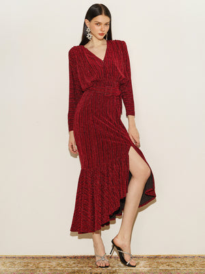 Glitter Batwing Sleeve Ruffles Hem Gown