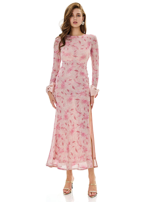 Bowknot Detail Print Sequin Dress