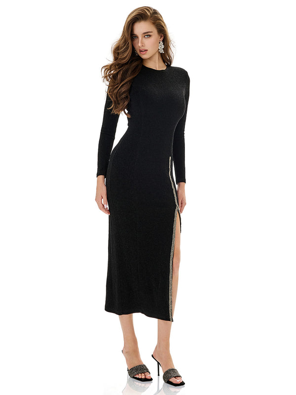 Metallic Trim Slit Bodycon Dress