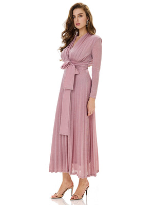 Metallic Knit Wrap Pleated Maxi Dress
