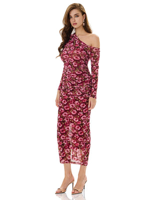 One Shoulder Floral Print Bodycon Dress