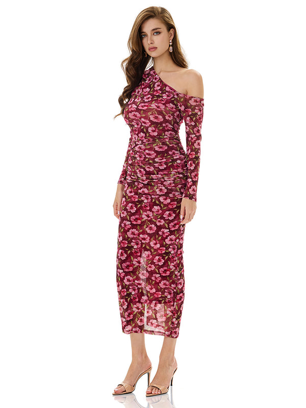 One Shoulder Floral Print Bodycon Dress